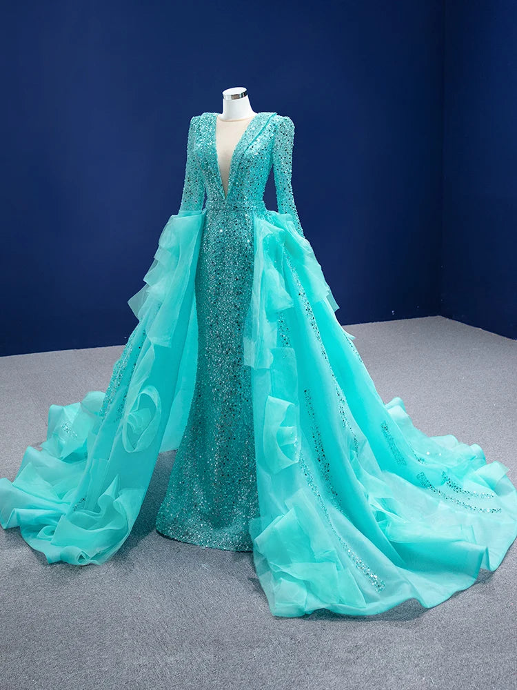 Elegant Turquoise Lace Long Sleeve Ball Gown on Luulla
