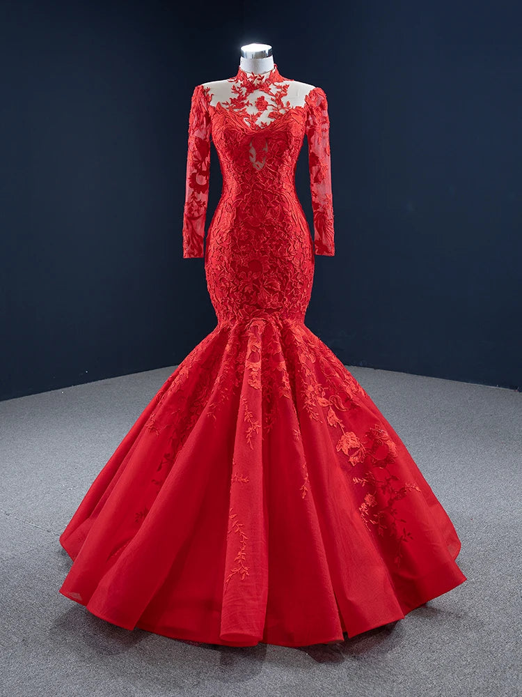 Queenie Prom Elegant Red Lace Mermaid Evening Gown