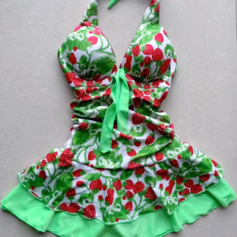 Strawberry Halter Swim Dress Women Strawberry Swim Dress, Cute Strawberry  Print Halter Swimsuit