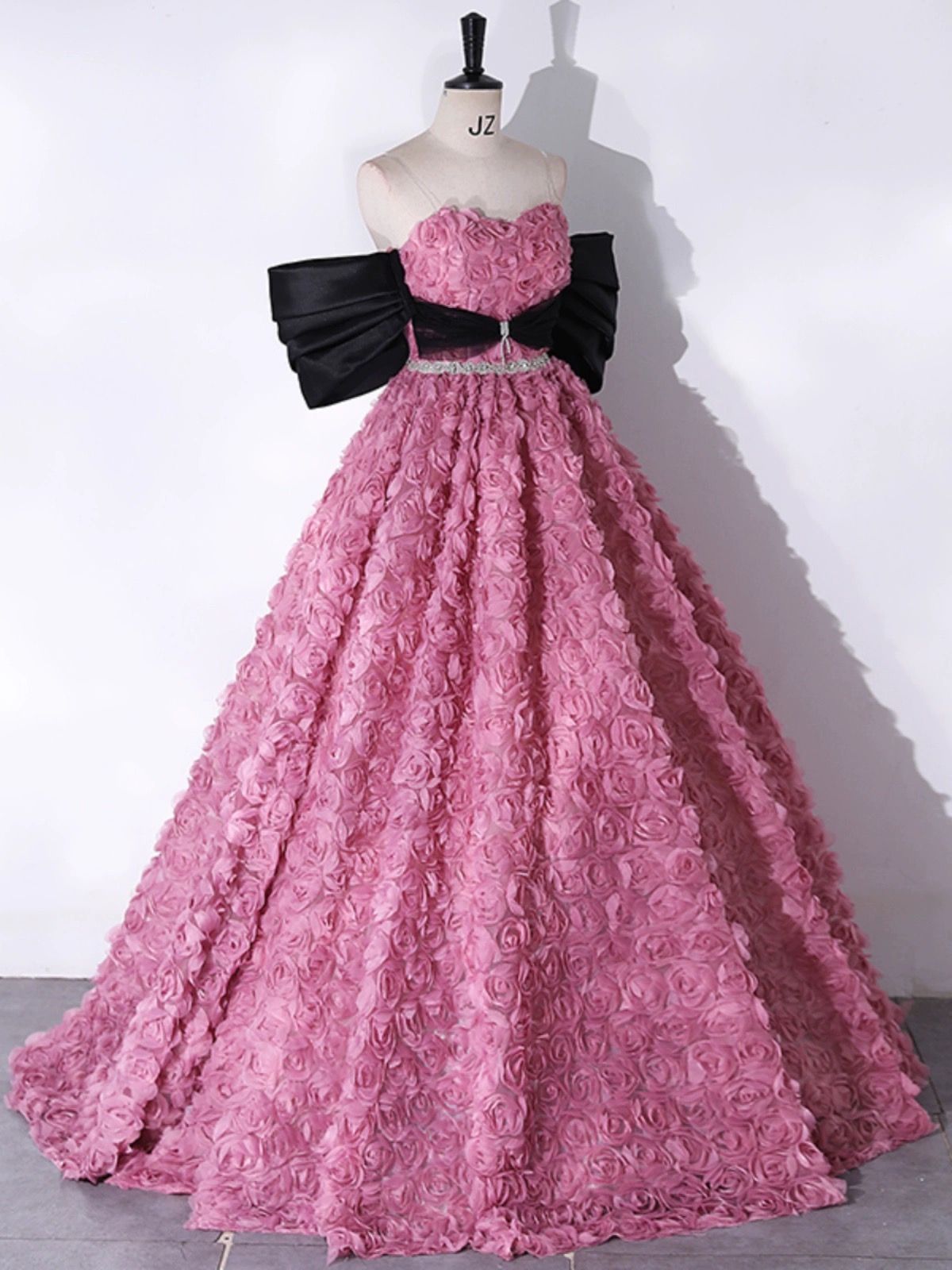 Luxurious Pink Floral Ball Gown With Dramatic Black Bow on Luulla
