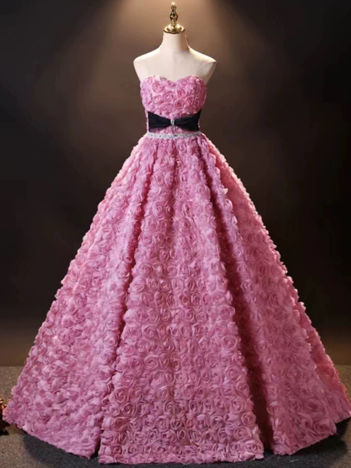 Luxurious Pink Floral Ball Gown With Dramatic Black Bow on Luulla