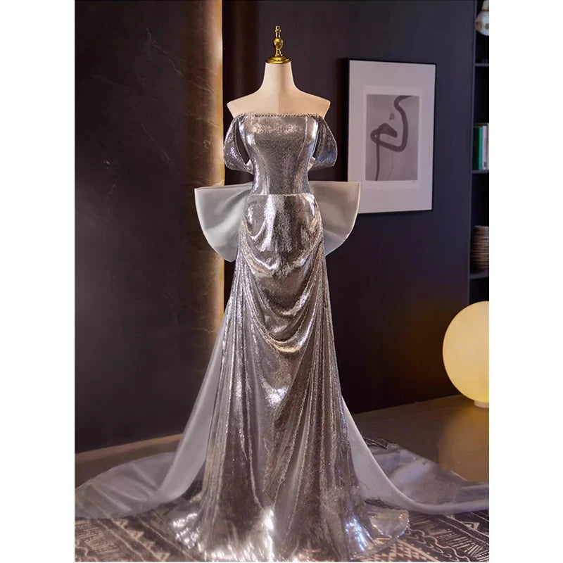 white christmas dresses STELLA Champagne & Silver Beaded Halter Neck Off Shoulder Formal Gown main image 0
