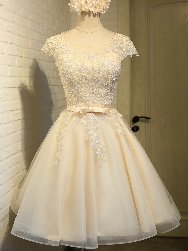 Cap Sleeve Homecoming Dress Champgne Party Dress Cute Graduation Dress