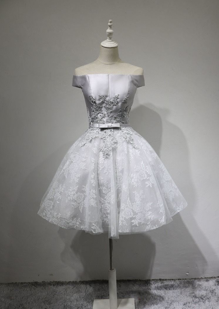 Off-shoulder Homecoming Dress,short Gray Bridesmaid Dress ,cute Graduation Dress