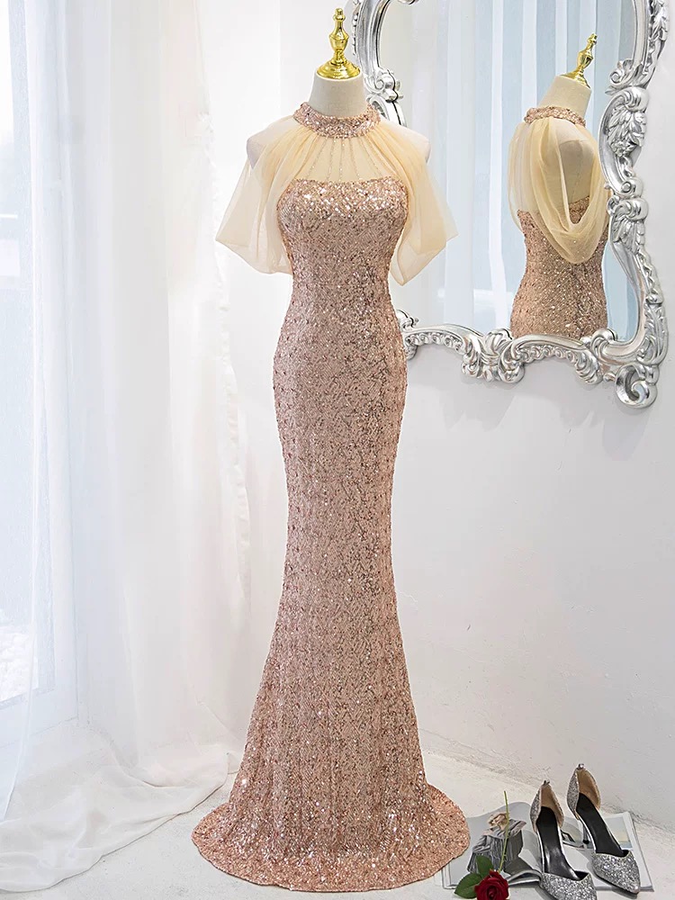 Golden Evening Dress Elegant Fishtail Dress Noble Halter Neck Birdal Dress  on Luulla