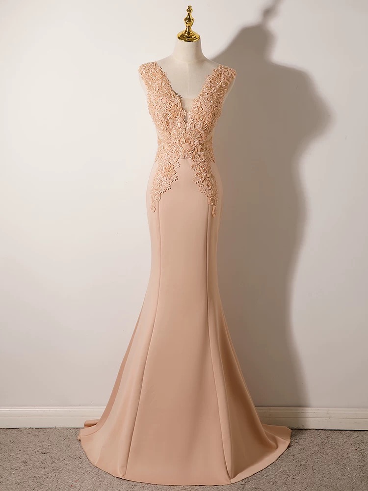 Apricot Evening Dress Noble Sexy Slit Prom Dress V-neck Bridal Dress