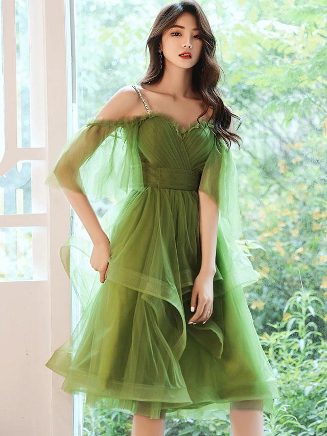 open lace back dress Light Green Satin Long A-Line Princess Dress, Cute Short Puff Sleeves