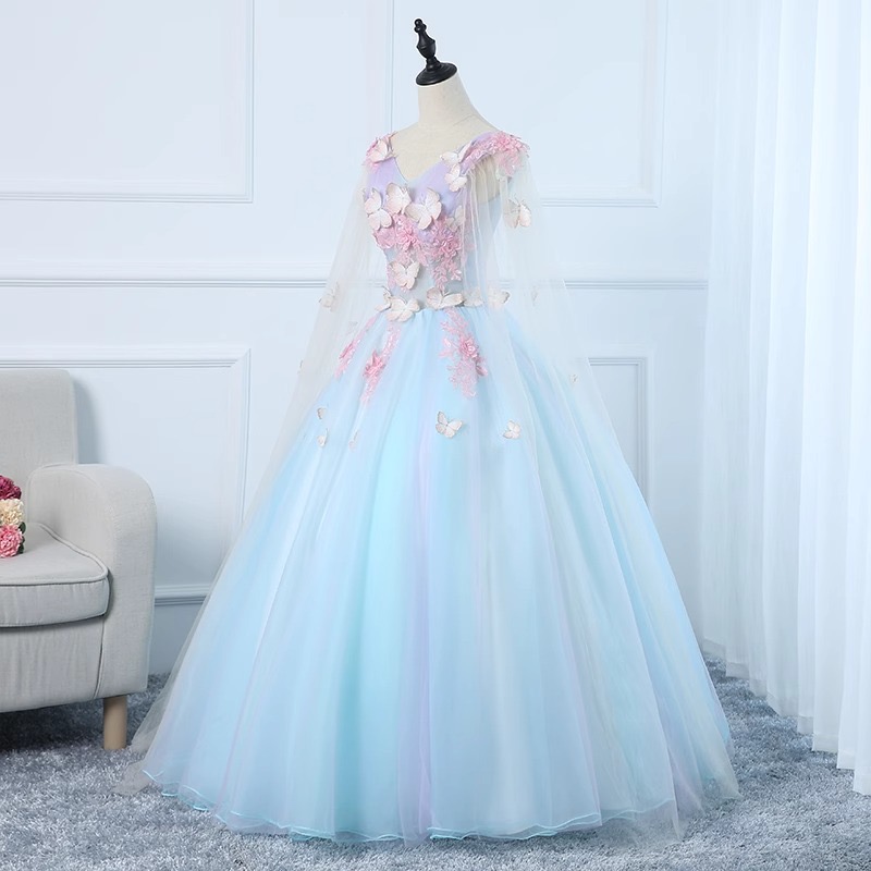 V Neck Ball Gown Dress, Light Blue Party Dress Fairy Quinceanera Dress