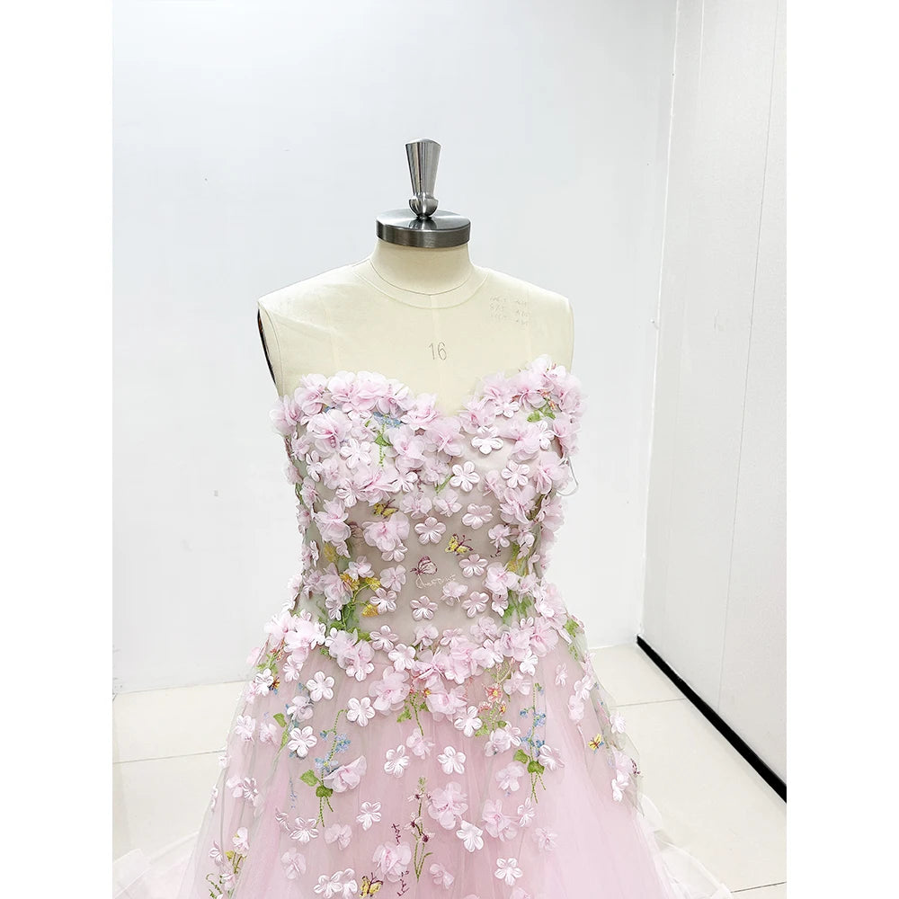 Floral Strapless Gown With Delicate Tulle Overlay on Luulla