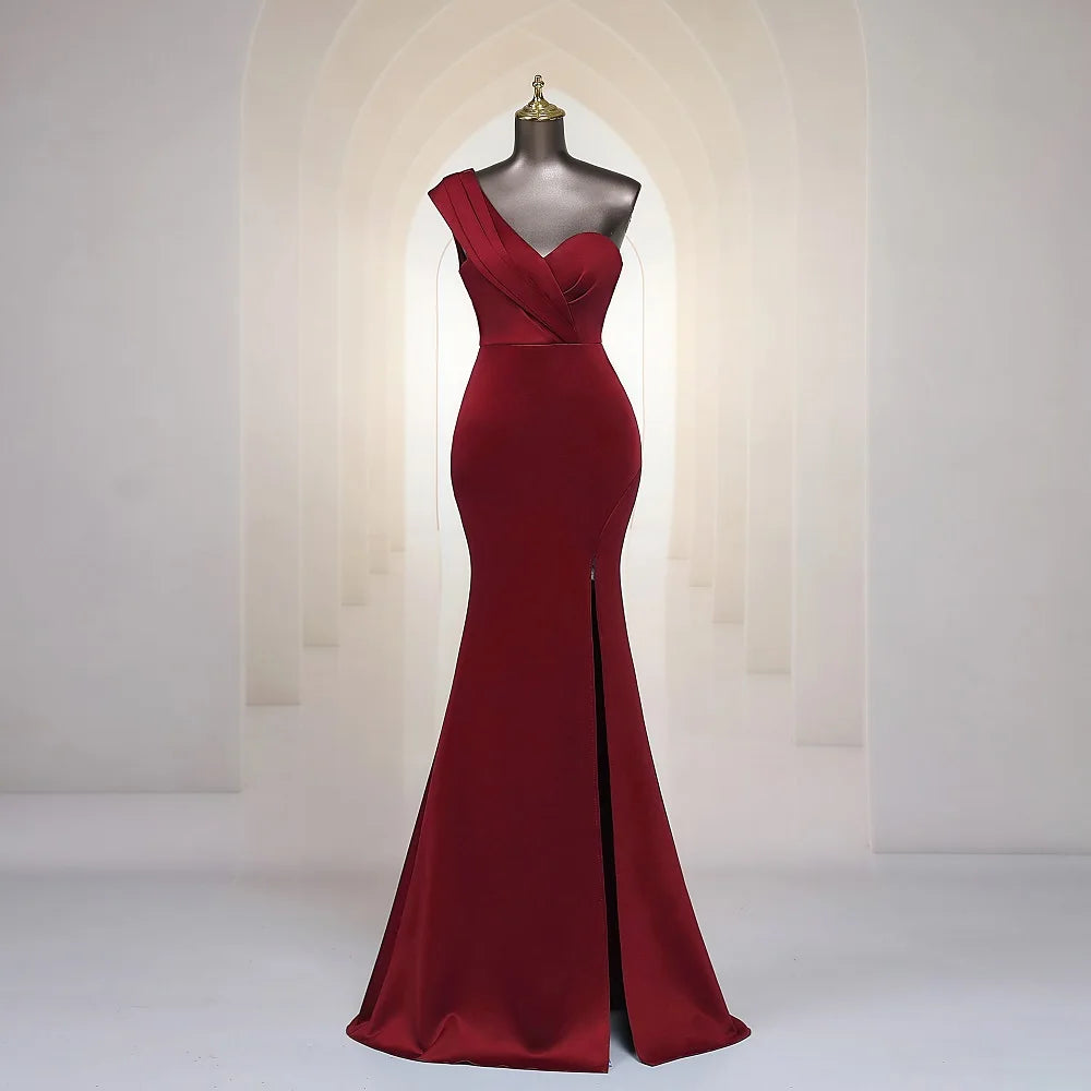 Burgundy One-shoulder Gown With Side Slit on Luulla