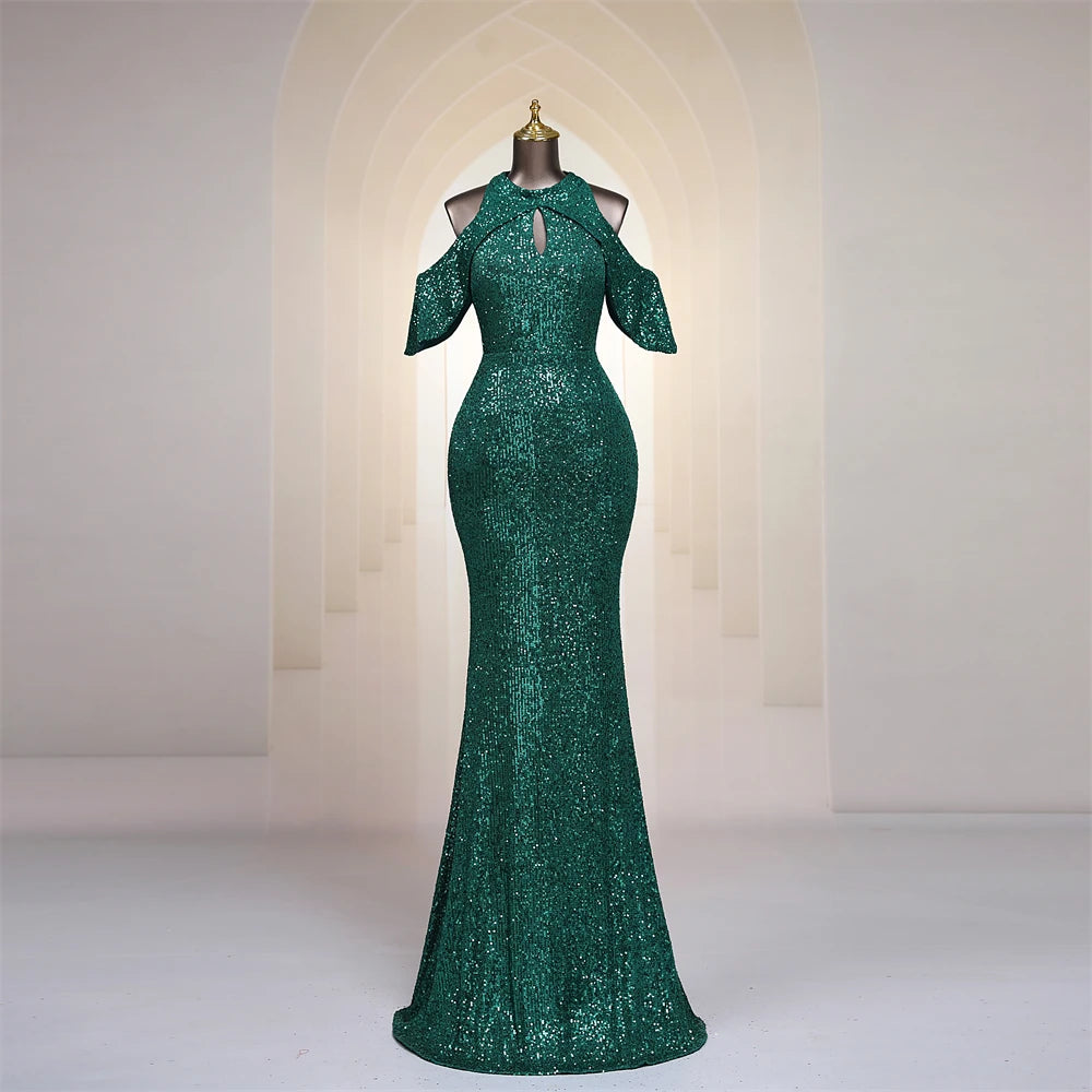 Emerald Green Lace Gown With Shoulder Cutouts