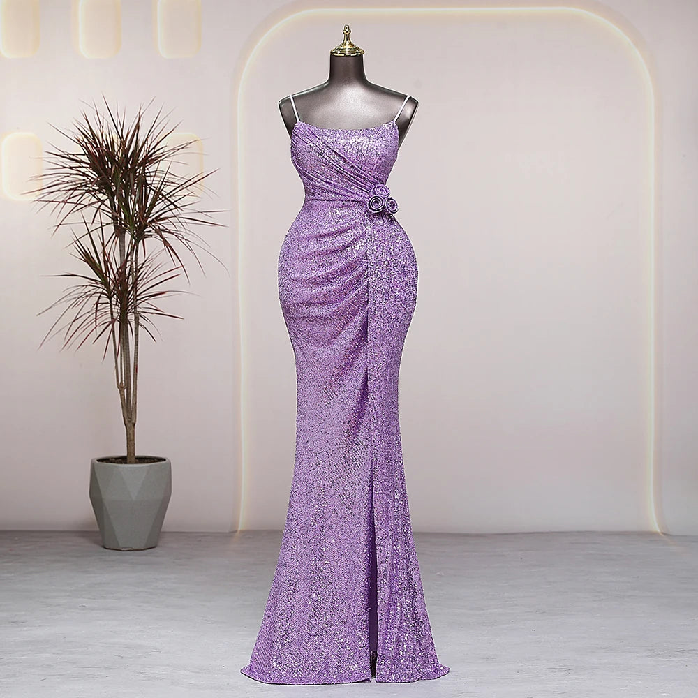 Lavender Sequin Gown With Floral Accent Details