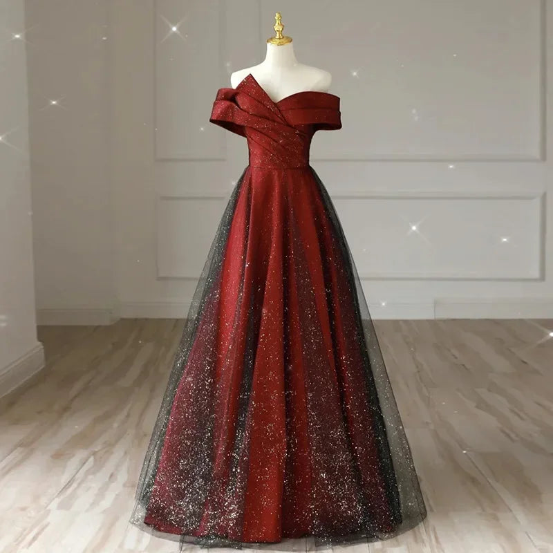 Off-shoulder Burgundy Gown With Sparkling Tulle Overlay