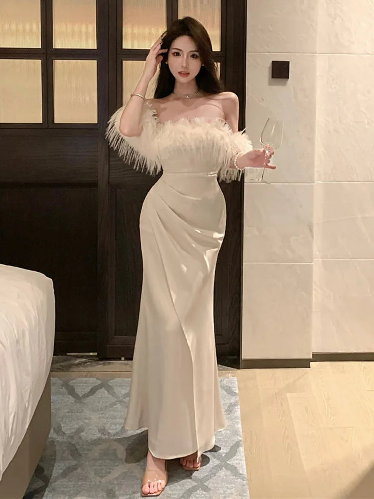 Off-shoulder Feather Trim Satin Evening Gown