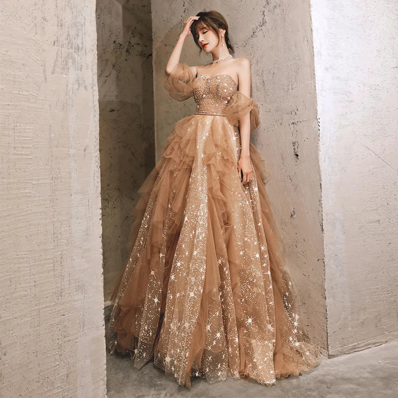 Champagne Long Evening Dress Large Hem Design Strapless Off Shoulder Ruffle  Beading Sequins Tulle We on Luulla