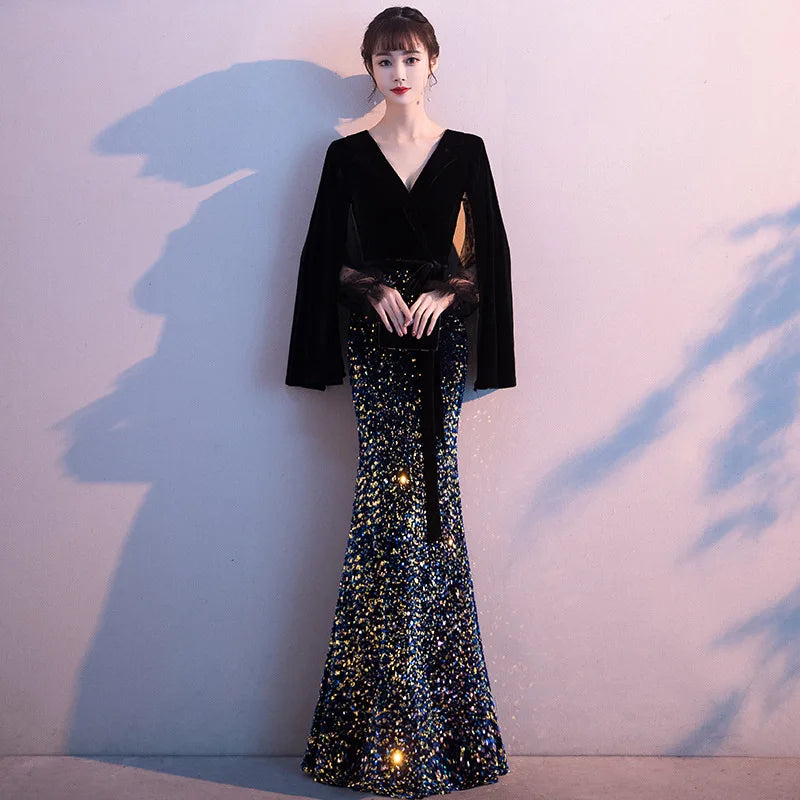 Black Velvet Sequin Gown With Flare Sleeves on Luulla