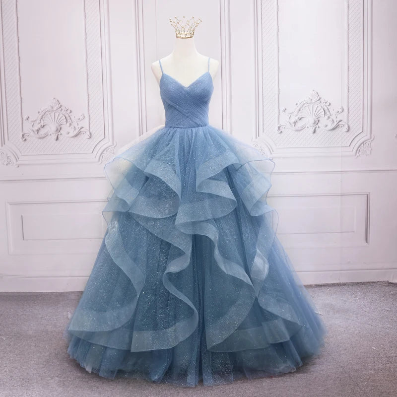 Stunning Blue Layered Tulle Spaghetti Strap Gown on Luulla