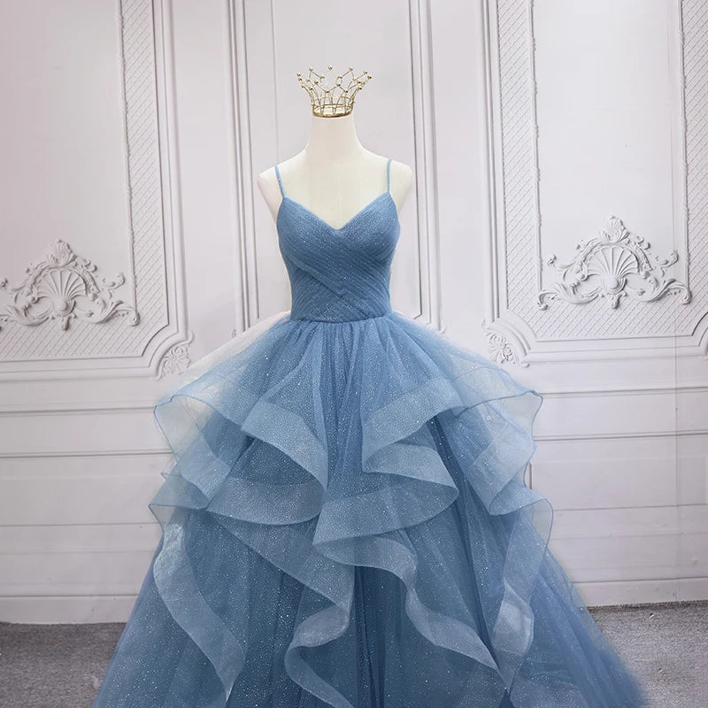 Stunning Blue Layered Tulle Spaghetti Strap Gown on Luulla