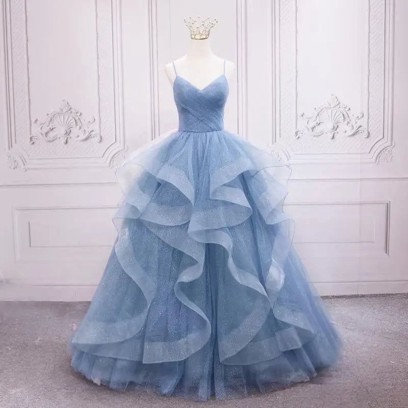 OKBBN spaghetti strap ruffle layered long ball gown main image 0