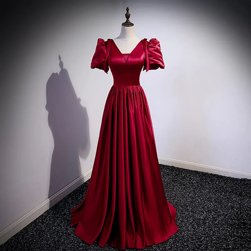 Red Satin Maxi Dress With Puff Sleeves on Luulla