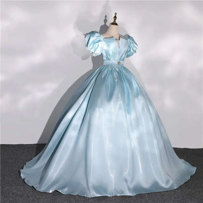 Satin Blue Puff Sleeve Ball Gown Dress on Luulla