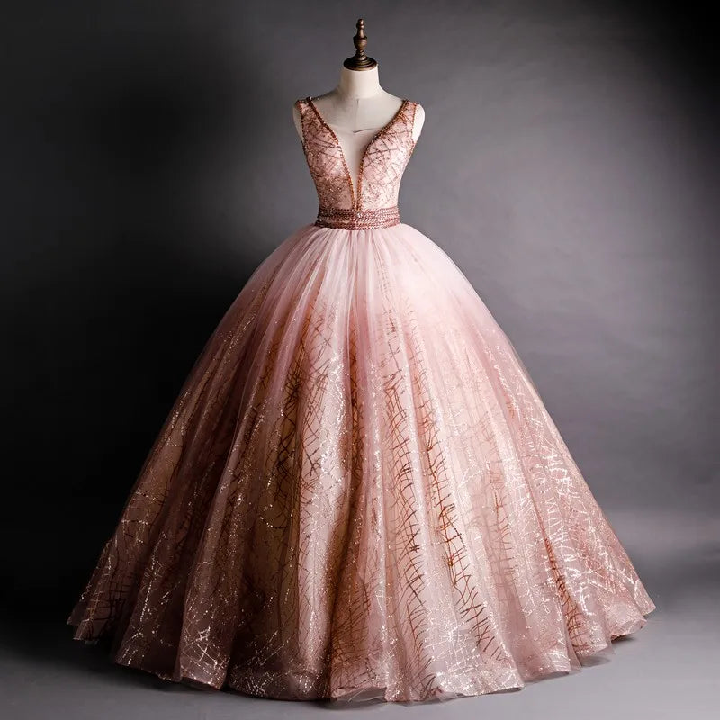 rose gold tulle dress Glitter Tulle Prom Dresses Sweetheart Corset Spaghetti Straps main image 0