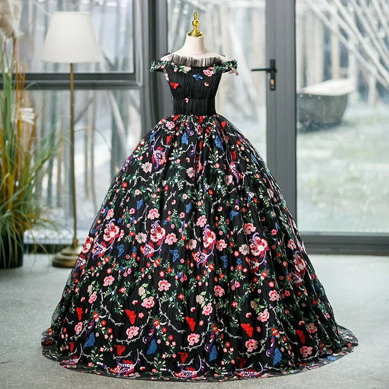 blue dress for baby girl Black Floral Ball Gown Wedding Dress Off the Shoulder Sweet 16 Dress 2 –  Viniodress main image 0