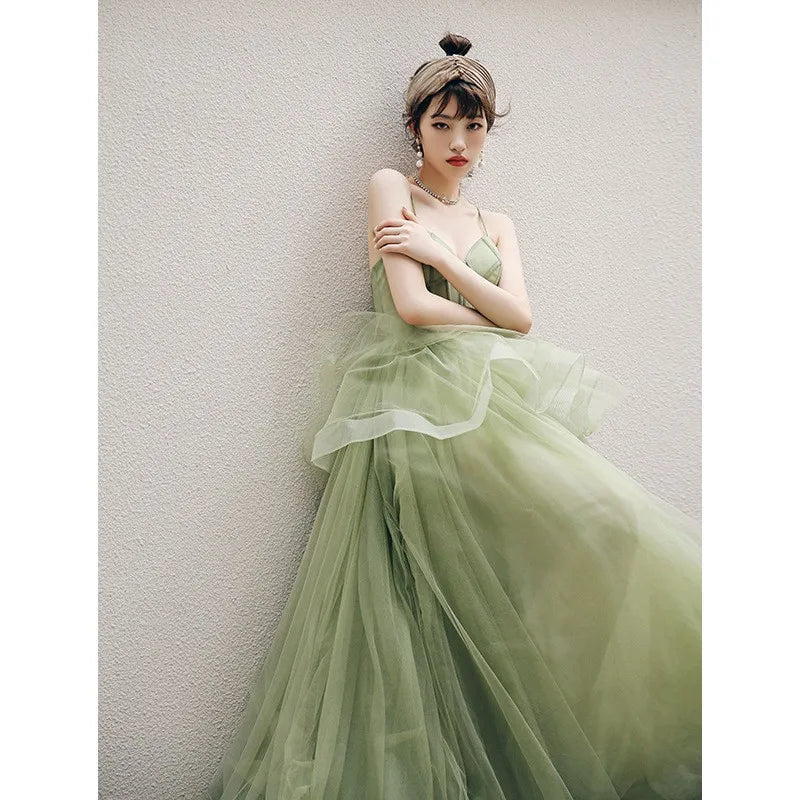 Ethereal Green Layered Tulle Evening Gown
