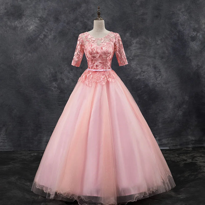 Lace Applique Pink Gown With Half Sleeves
