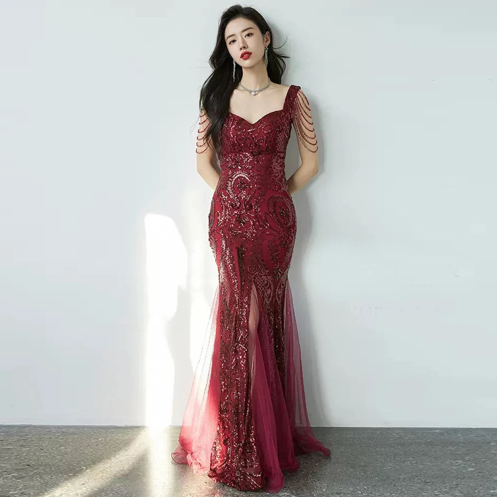 Burgundy Beaded Gown, Floor-length Tulle Dress