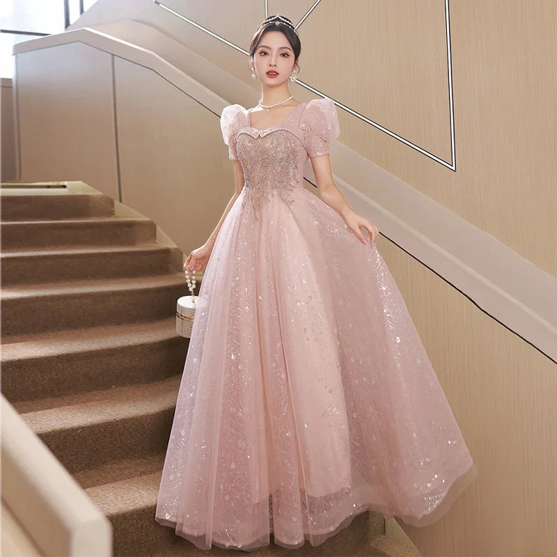 strapless open back dress Short Puffy Sleeves Pearls Pink A-line Long Formal Dress – Dressesforparty main image 0
