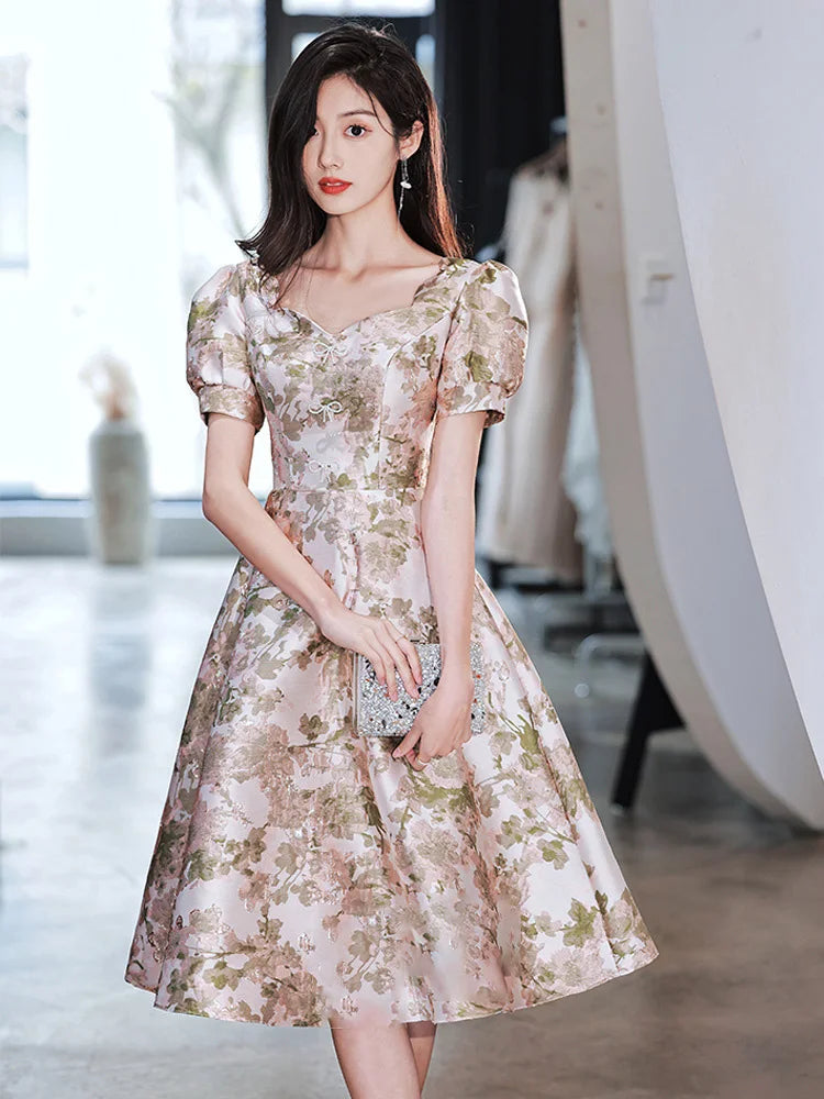 Floral Puff Sleeve Vintage Party Dress