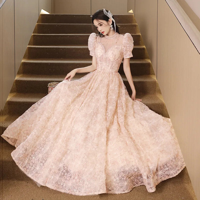 knee length dresses for ladies Off The Shoulder Vintage Wedding Dresses Lace Applique Pink Wedding Dresses AWD1120 main image 0