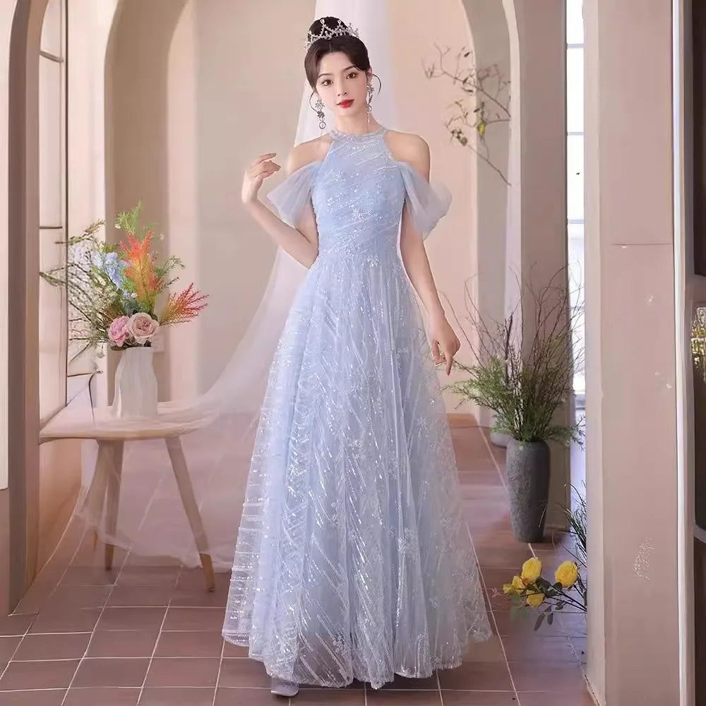ice blue floral dress Ice Blue Satin Long Dress With Beaded Lace Appliqué