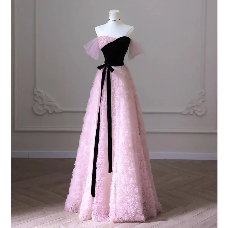 Strapless Pink Gown With Black Bow Accent on Luulla