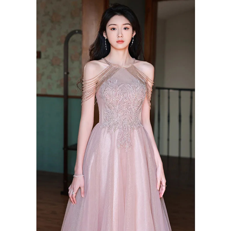 cocktail dresses for banquet Pink Halter Banquet Evening Dress Women Beading Appliques A-line Sleeveless Cocktail Dresses Exquisite Luxury Homecoming Gown