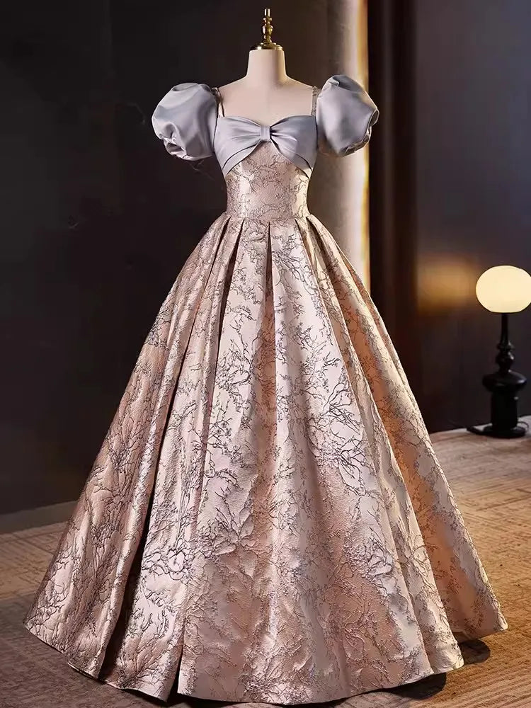 Exquisite Silver Brocade Ball Gown Dress