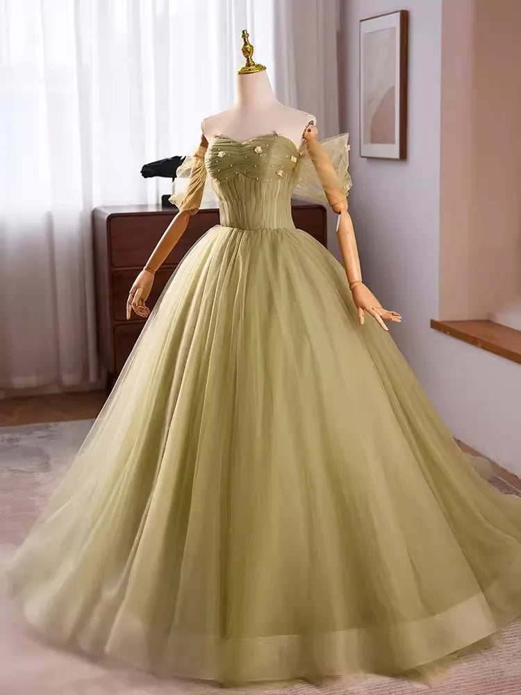 Vintage Lace Olive Green Ball Gown Dress