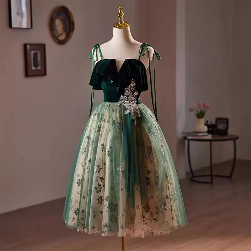 Floral Green Velvet Tulle Dress With Embroidery