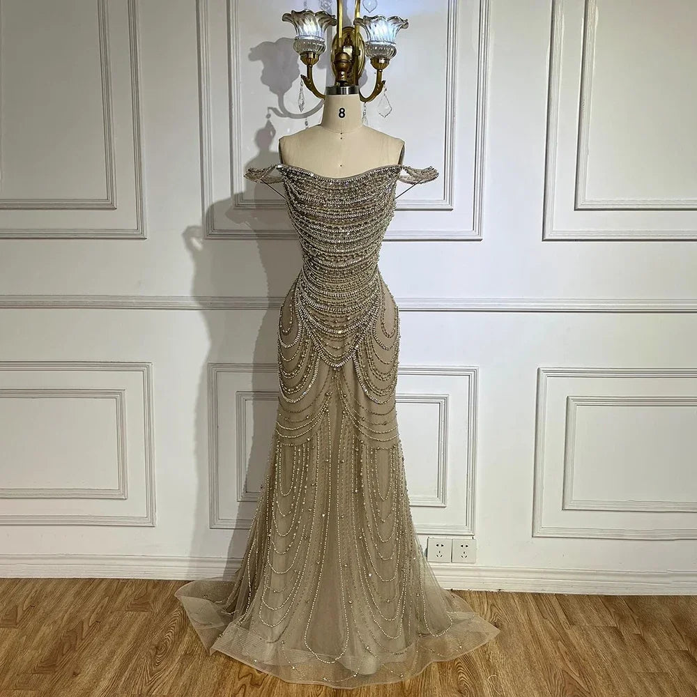 champagne beaded evening dress Zapaka Women Champagne Sequin Long Prom Dress with Slit Halter Mermaid Beaded Evening Party Dress with Keyhole, Champagne / UK12 main image 0