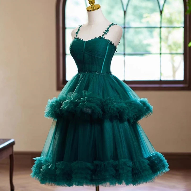 Green Tiered Tulle Dress, Spaghetti Straps Design