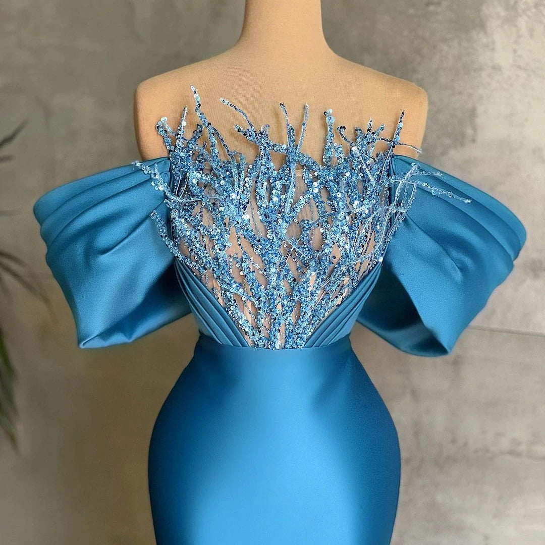 Off-shoulder Blue Gown With Sparkling Embellishments on Luulla