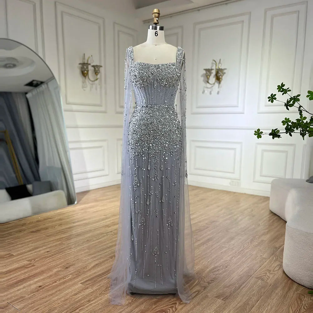 Shimmering Silver Gown With Beaded Long Sleeves