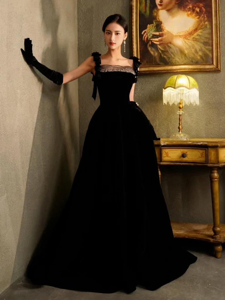 formal black dress with gloves Stunning Black Velvet Sleeveless Strapless Long Split Prom Dress with main image 1