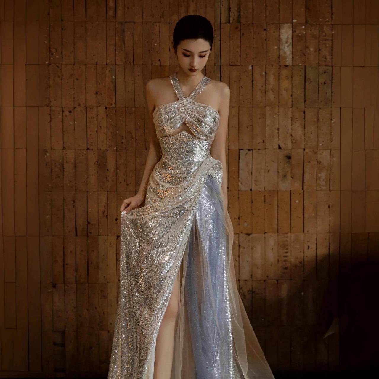 Stunning Sequin Halter Evening Dress With Slit on Luulla
