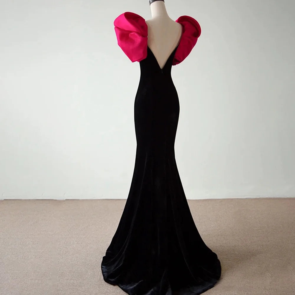black dress with pink puff sleeves Nnr Black Pink Flower Puff Sleeve Long Evening Dress Sexy Ball Gown Dress