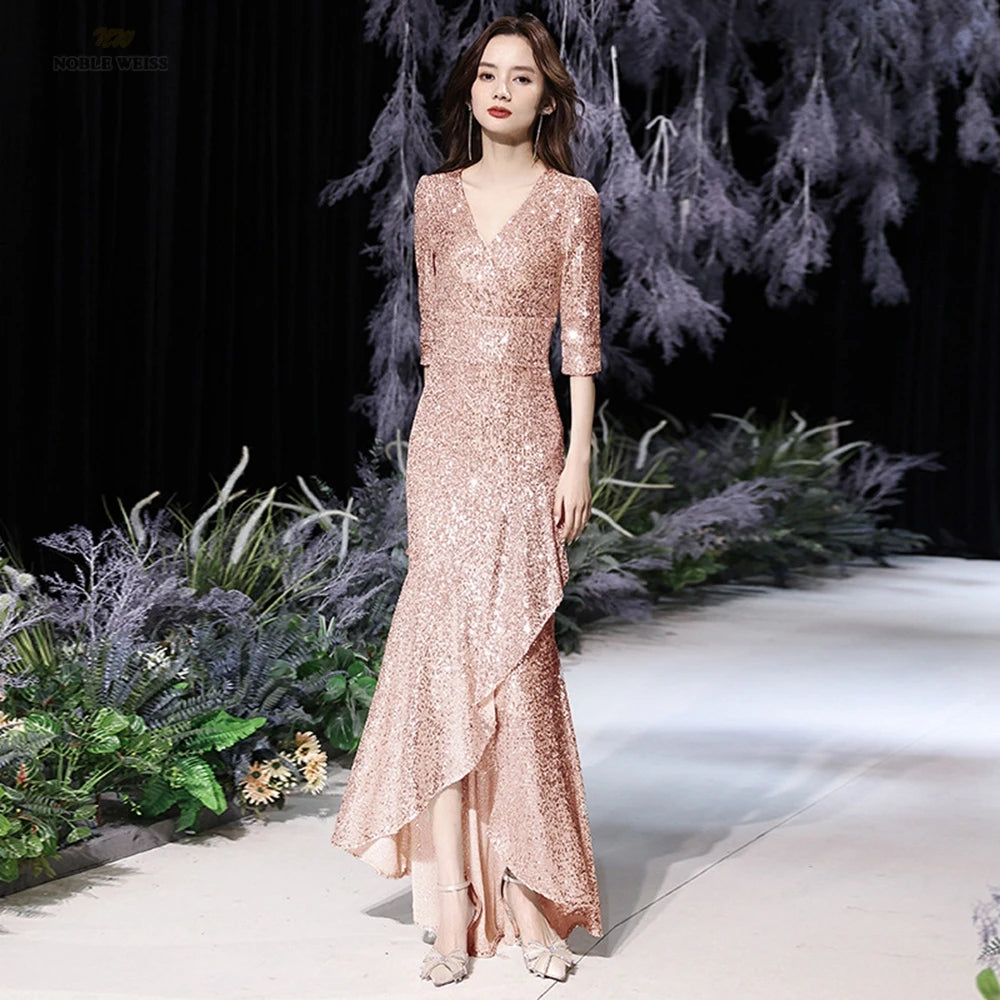 rose gold sequin v neck dress Rose Pink Sequin Spaghetti Strap V-neck Column Evening Gowns JTE357 main image 1