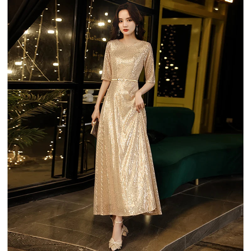 Customized Evening Dress A-line Floor Length Robe de Soiree Half Sleeve Women Party Dresses V-neck Sequin Evening Gown