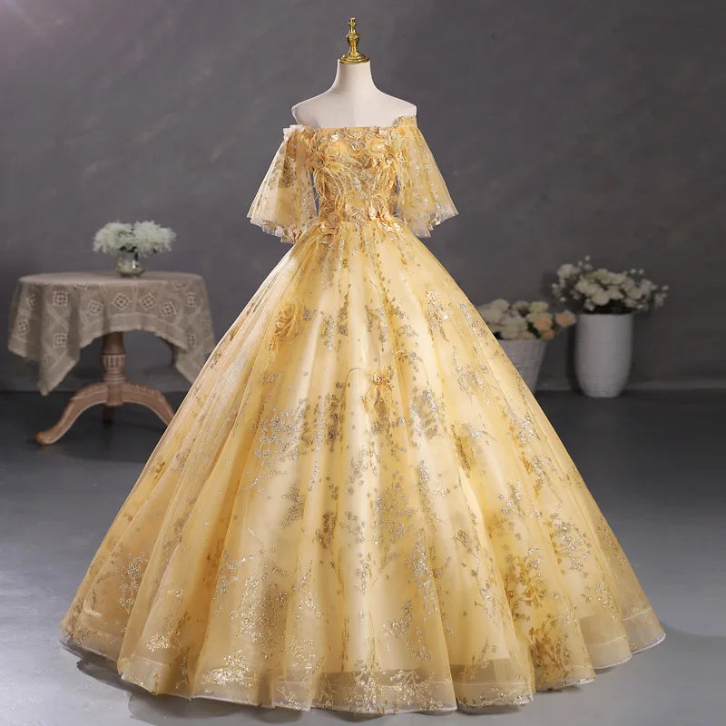 Vintage Floral Lace Off-shoulder Yellow Gown
