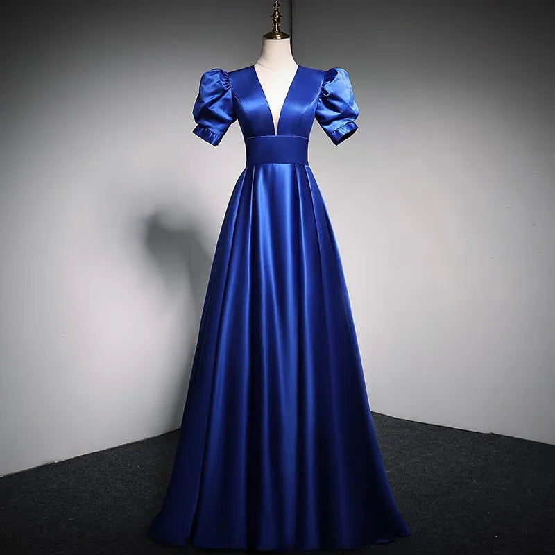 Satin Gown With Puff Sleeves In Royal Blue on Luulla